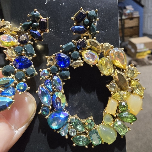 NWT J CREW WREATH CIRCLE RHINESTONE GEMSTONE DARK SEA GREEN EARRINGS - Picture 7 of 14